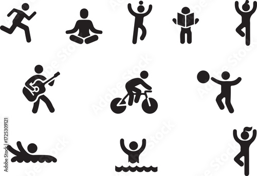 Diverse human activities icons representing sports recreation hobbies and wellness for digital and print design projects vector