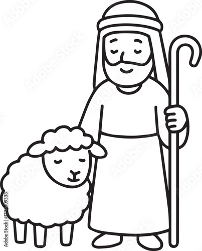 Shepherd and Sheep Illustration: A heartwarming illustration of a kind shepherd and his gentle sheep, representing care and guidance in a simple, graphic style.