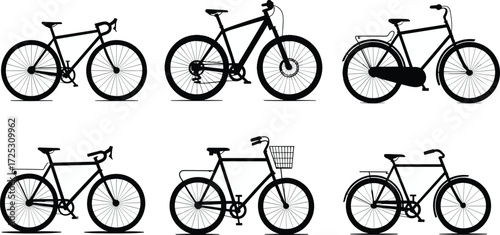 Collection of various bicycle silhouettes including road, mountain, and city bikes, vector graphic for cycling, transport, and eco-friendly travel