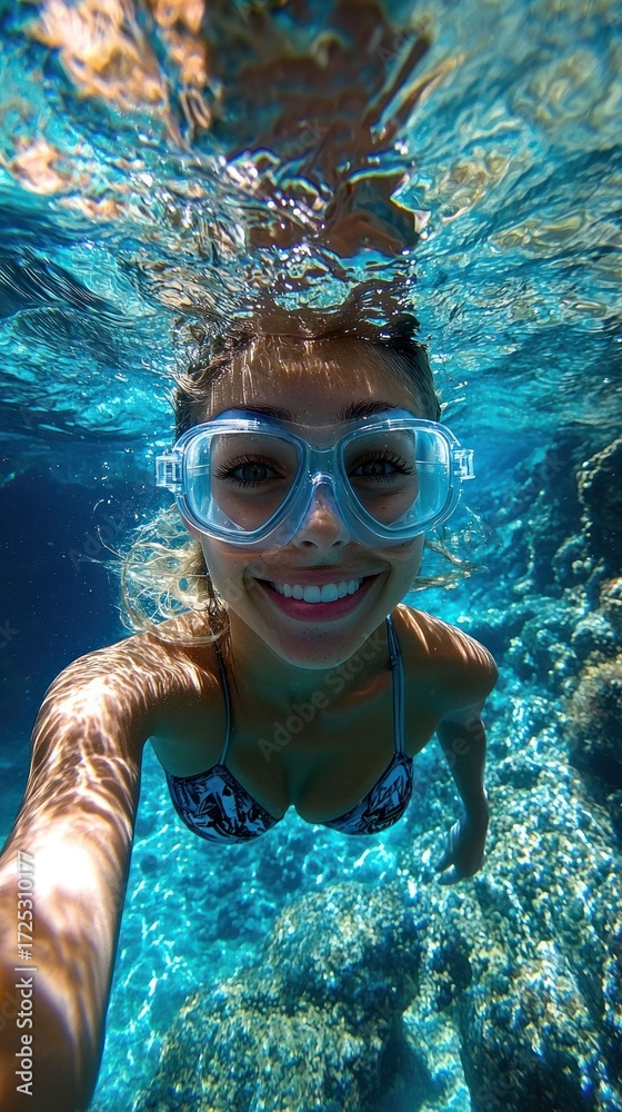 Naklejka premium Underwater Selfie: A Smiling Woman's Aquatic Adventure