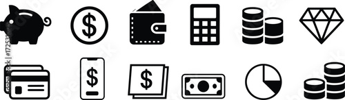 Finance icons set money piggy bank wallet coins, diamond and calculator graphic vector illustration for banking and business design