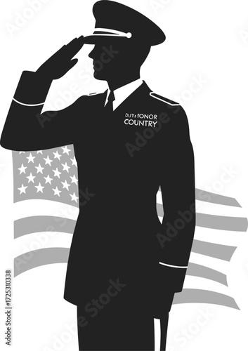 Soldier silhouette saluting with American flag background, honoring duty, country, and patriotism, military service vector graphic illustration design