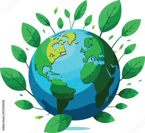 Vibrant earth globe surrounded by growing green leaves symbolizing environmental protection and eco-friendly growth vector