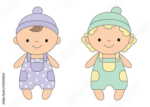 Baby boys. Set of babies. Cute cartoon babies. Newborns in hats and overalls. Smiling baby dolls