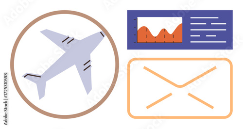 Airplane within a circular frame, bar graph analyzing trends, and envelope icon symbolizing messaging and connectivity. Ideal for travel, logistics, communication, email, analytics, coordination