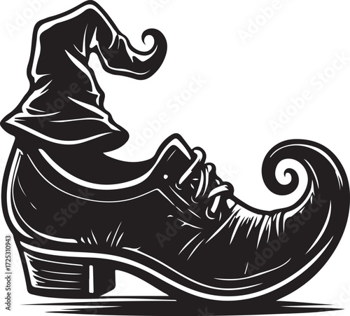 Whimsical jester shoe silhouette with pointed toe and curved heel and lacy details perfect for fantasy designs vector