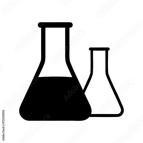 Two Erlenmeyer flasks in a laboratory setting, one full, one empty