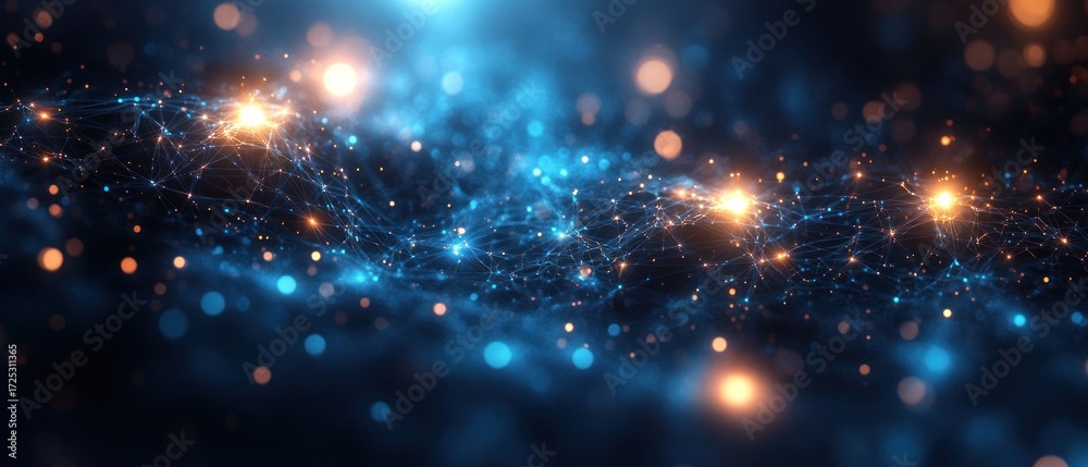Fototapeta premium Abstract Digital Network: A mesmerizing visualization of interconnected nodes and glowing particles in a deep blue and orange hue, evoking concepts of connectivity and data flow.
