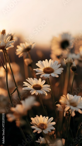 Golden Hour Daisies: A close-up view captures the delicate beauty of daisies basking in the warm glow of the golden hour, creating a sense of serenity and natural beauty.