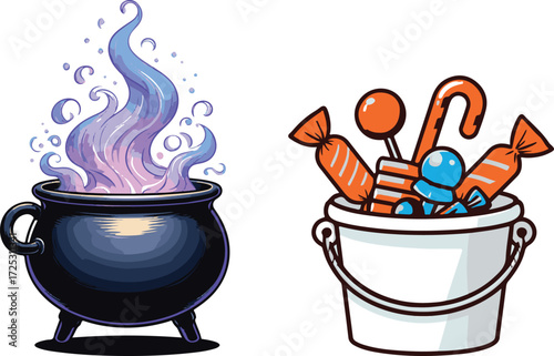 Witch's cauldron bubbling mysteriously beside a pail overflowing with assorted halloween candies and treats vector