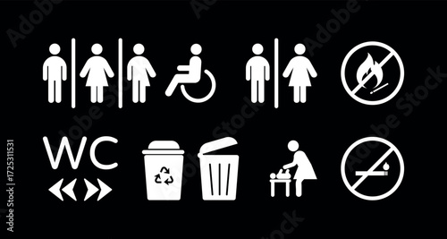 All gender restroom signs set. Gender neutral toilet icons. Left and right arrows. No Smoking. Trash Can, rubbish bin. Vector flat pictogram collection for web, mobile app, office, mall, restaurant.	