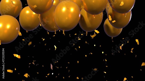3D render of golden balloons floating upward, perfect for birthday or holiday celebration concepts. Video with alpha channel