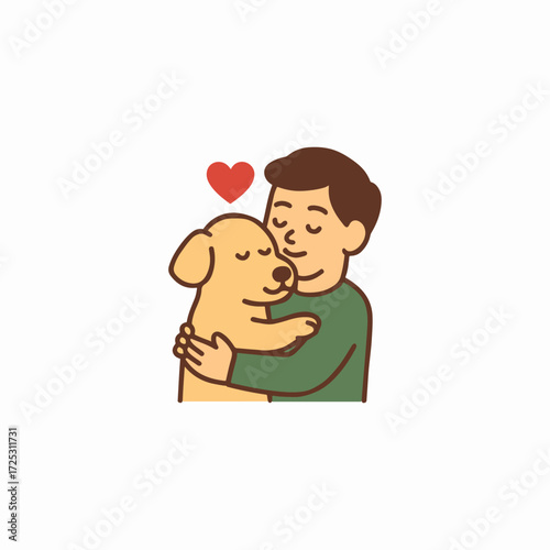 Man lovingly hugs his golden retriever dog.