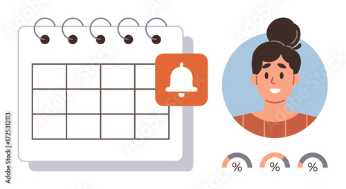 Calendar with notification bell icon, smiling user portrait, and progress metrics. Ideal for scheduling, planning, time management, productivity, reminders, organization and achievement tracking