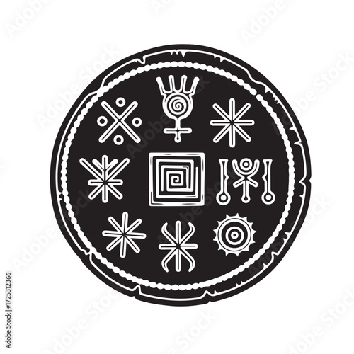 Ancient Mystical Folk Symbols in a Black Circular Design