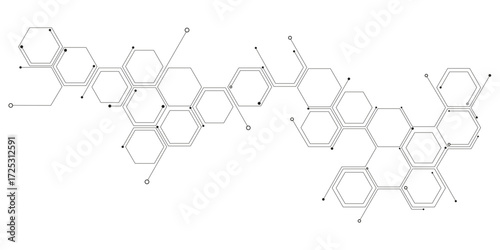 Abstract white hexagon concept background. Hexagonal Molecular structure abstract tech network pattern. Abstract geometric hexagon with connecting dots and lines. Minimalist abstract background.
