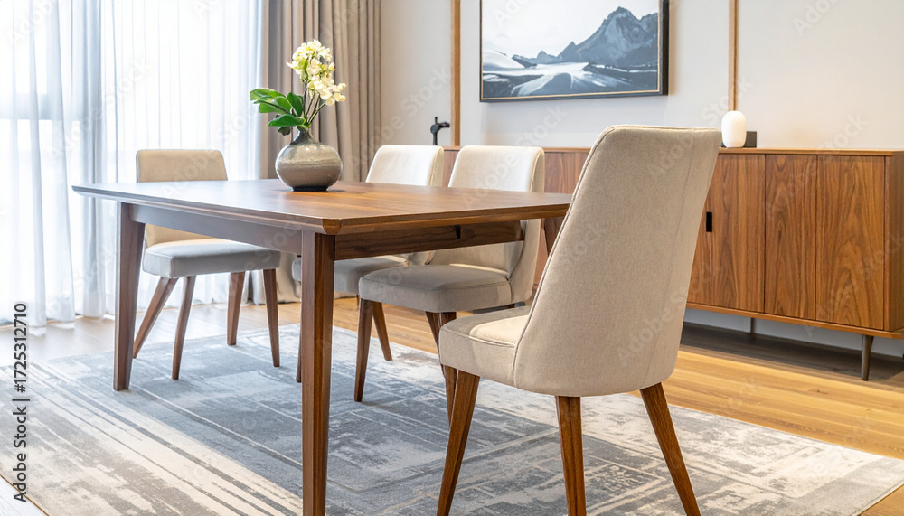 Fototapeta premium A high-back dining chair with soft cushioned upholstery, styled around a dining table 