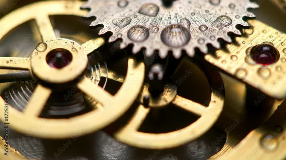 Close-up of water-dropped intricate clockwork gears