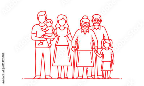 Stylized line art depicting a multi generational family together