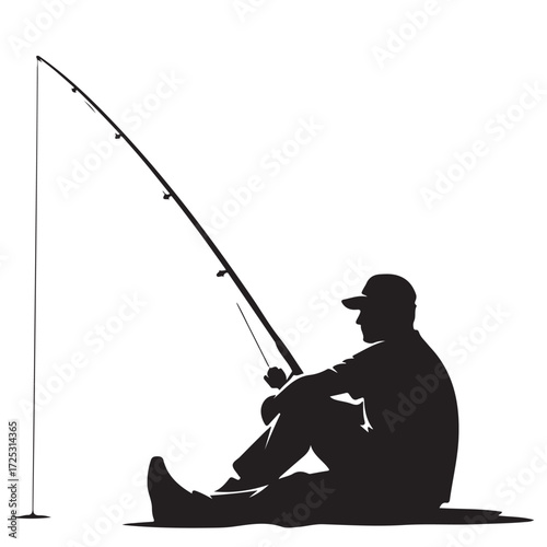 Silhouette of a Sitting Man Fishing