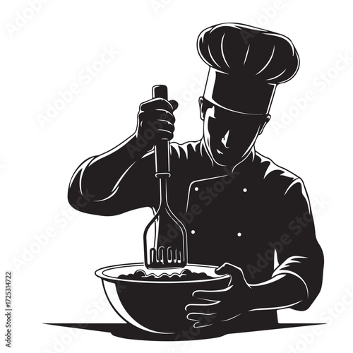 Chef Silhouette Mixing Ingredients in a Bowl with Utensil