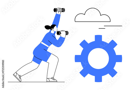 Female character working out with dumbbells, represented gear and cloud emphasize efficiency and self-improvement. Ideal for fitness, career building, motivation, health, innovation, development