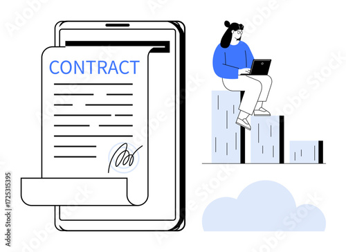Tablet displaying signed contract, professional typing laptop atop bar graphs. Ideal for digital agreement, remote work, online collaboration, data analysis, contract management, business growth