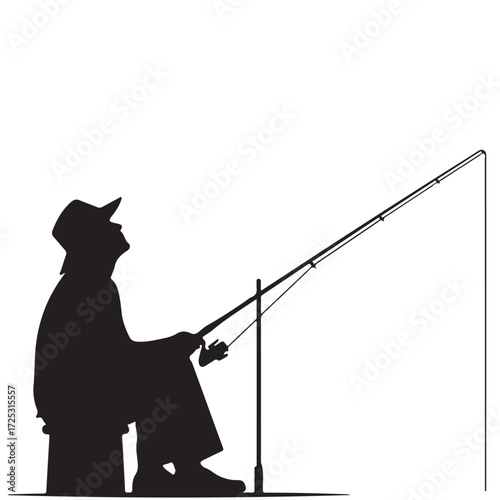 Silhouette of a Fisherman Sitting and Angling with a Rod