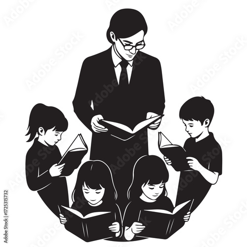 Educator and Students Reading Books Together: Education and Learning Concept