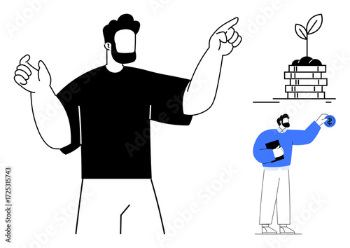 Man gesturing with focus towards teamwork and growth themes, small figure nurturing plant, pile of coins. Ideal for leadership, teamwork, mentorship, growth, investment, sustainability