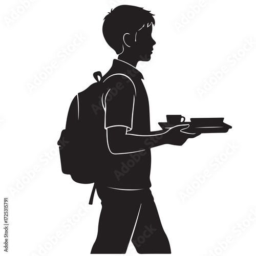 Silhouette of a Young Person with a Backpack Carrying a Tray with a Cup and Food