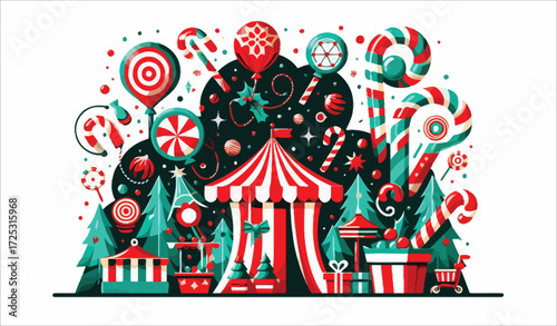 Vector art of festive carnival scene with sweets and gifts