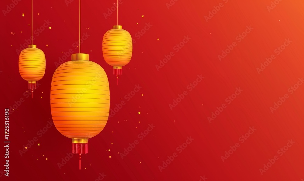 Obraz premium Yellow lantern floating on red background with long string, minimalist vector illustration in high-saturation colors for Chinese New Year celebration atmosphere.