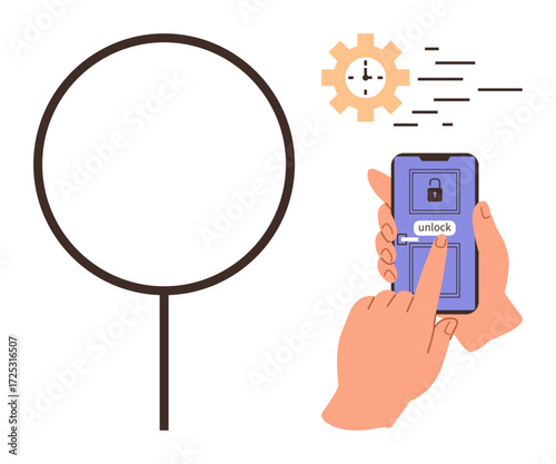 Hand pressing unlock button on smartphone with padlock icon, gear with clock, and circular magnifier. Ideal for security, technology, encryption, access, mobile app, time-saving flat metaphor