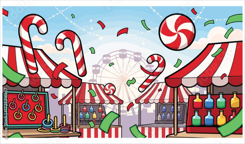 Vector art of carnival games and candy canes at christmas fair