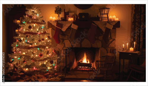 Vector art of christmas tree and fireplace create cozy scene