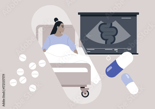 A patient rests in a hospital bed surrounded by medical supplies and examination tools, symbolizing recovery and the importance of health monitoring in medical environments