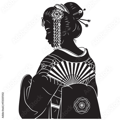 Elegant Black Silhouette of a Traditional Japanese Woman in Kimono with Decorative Hairpins and Fan