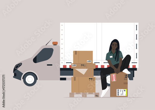 A cargo expeditor is sorting and organizing packages next to a white delivery van in an urban setting, The scene captures the hustle of logistics work during the day.