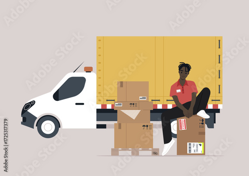 A cargo expeditor is sorting and organizing packages next to a white delivery van in an urban setting, The scene captures the hustle of logistics work during the day.