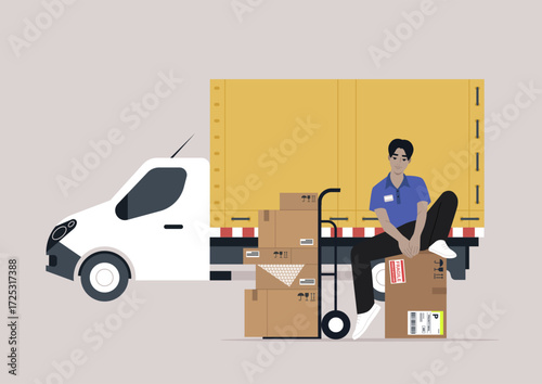 A cargo expeditor is sorting and organizing packages next to a white delivery van in an urban setting, The scene captures the hustle of logistics work during the day.