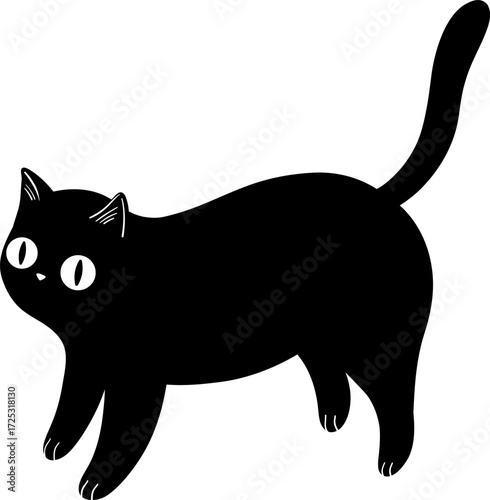 Black cat with large white eyes and black tail