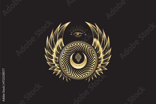 Intricate golden-winged scarab beetle emblem with detailed textures on a dark background. Symbol of ancient Egypt and rebirth.