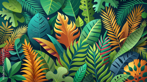 Exotic tropical leaves in 3D paper cut style, floral card design, jungle greenery border, lush foliage pattern, botanical background, poster banner illustration, rainforest summer vibes, vector 