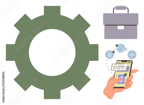 Large green gear, smartphone displaying messaging app, network connections with avatars, and a briefcase. Ideal for teamwork, business workflow, technology, communication, organization innovation