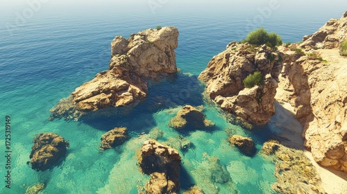 Mediterranean Serenity: Turquoise Waters Embrace Golden Rocks