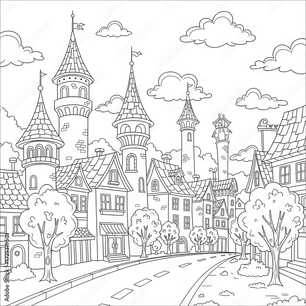 Naklejka premium Fantasy cityscape coloring page. Detailed cartoon medieval city illustration. A magical street scene with towering spires, half-timbered houses, and winding road. Fun activity for children.