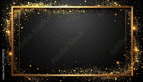 Elegant golden glitter frame with sparkling light particles and glowing effects on a sophisticated dark black background © roky