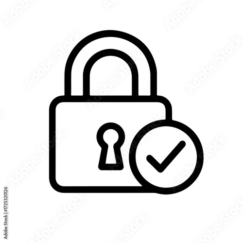 Padlock with checkmark black and white outline vector icon