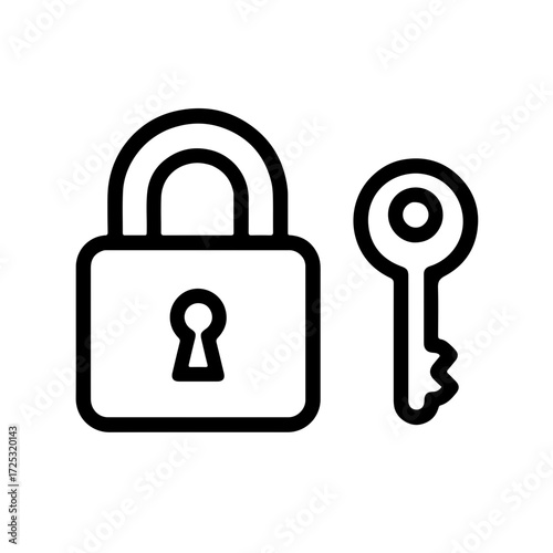 Padlock with key black and white outline vector icon